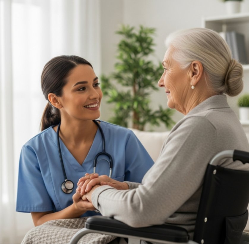 Nurse assisting elderly woman at her home