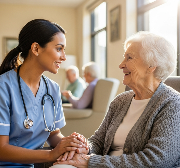Learn more about our corporate staffing solutions Nurse assisting a senior woman in a retirement home